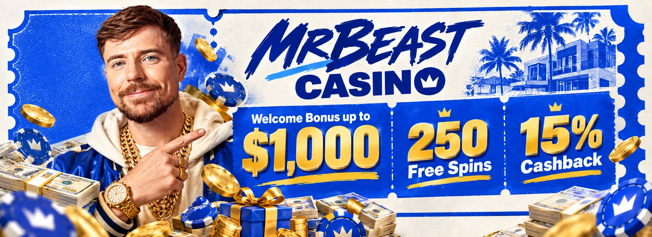 MrBeast Casino bonus banner: 200% welcome bonus with 250 free spins